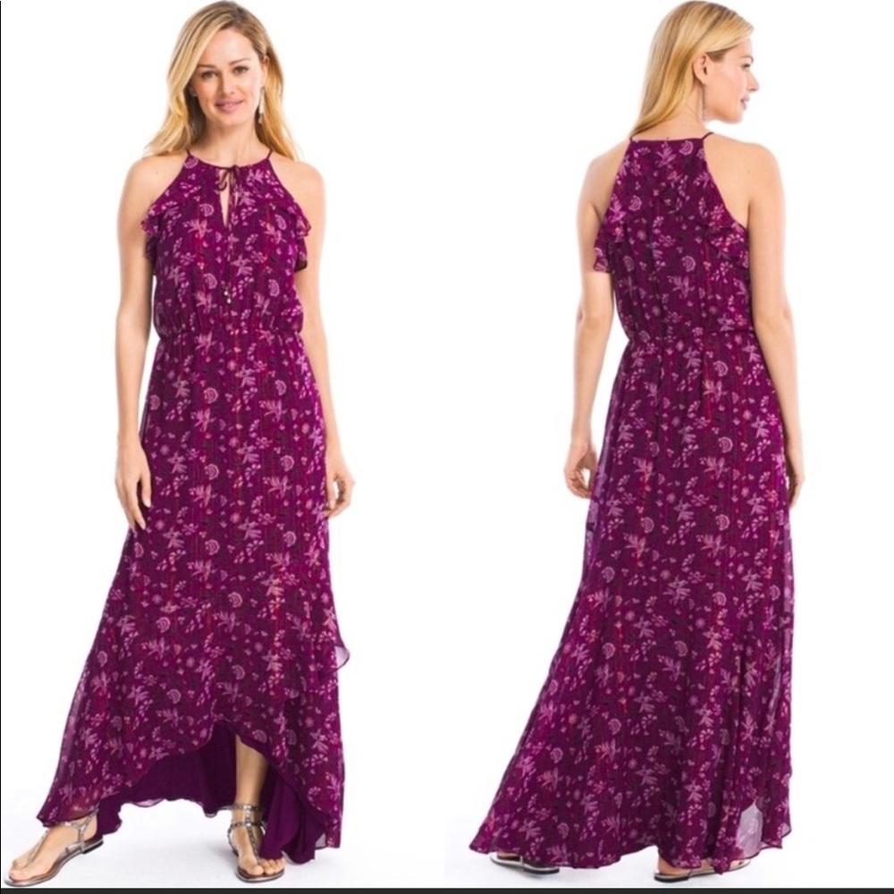 WHBM floral maxi high low ruffle dress